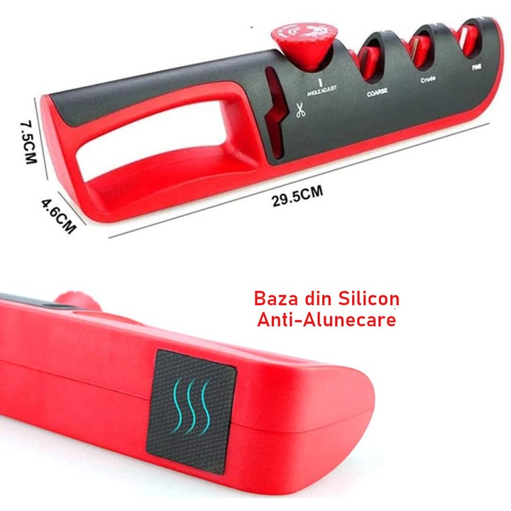 Aparat Profesional Manual Pentru Ascutit Cutite BellFyd®, 4 in 1, ascutire, finisare, slefuire, indreptare, Gri/Rosu