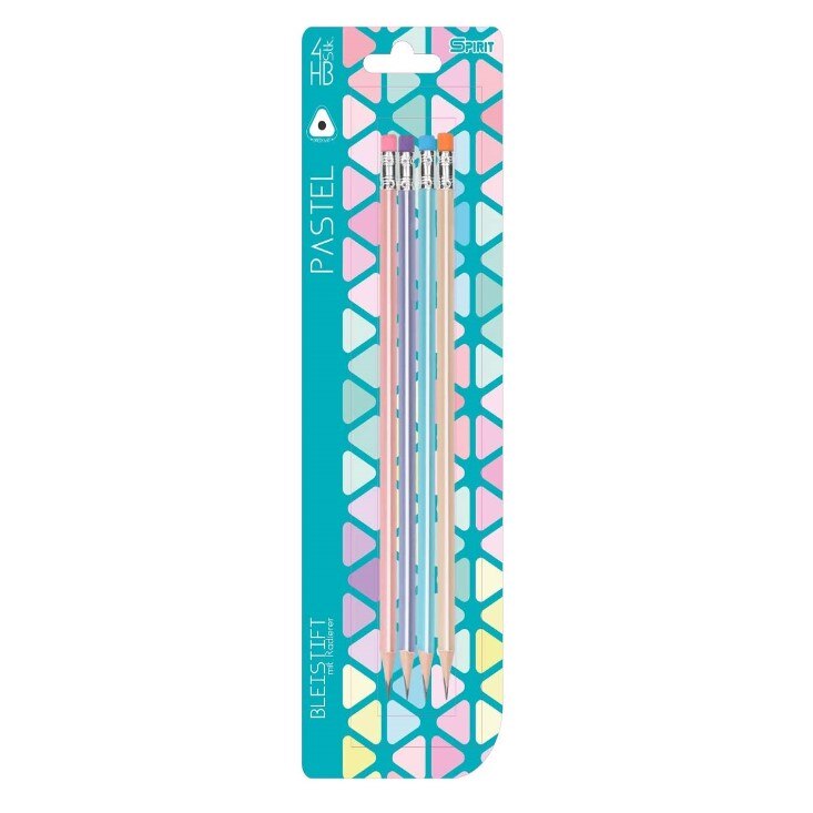 Set 4 creioane triunghiulare pastel SPIRIT, Cu radiera, Din lemn lacuit, Multicolor