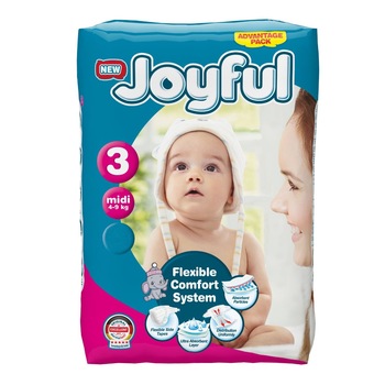 Scutece copii Joyful, 272 bucati, Marime 3, Midi, 4-9 kg Scutece copii Joyful, 272 bucati, Marime 3, Midi, 4-9 kg
