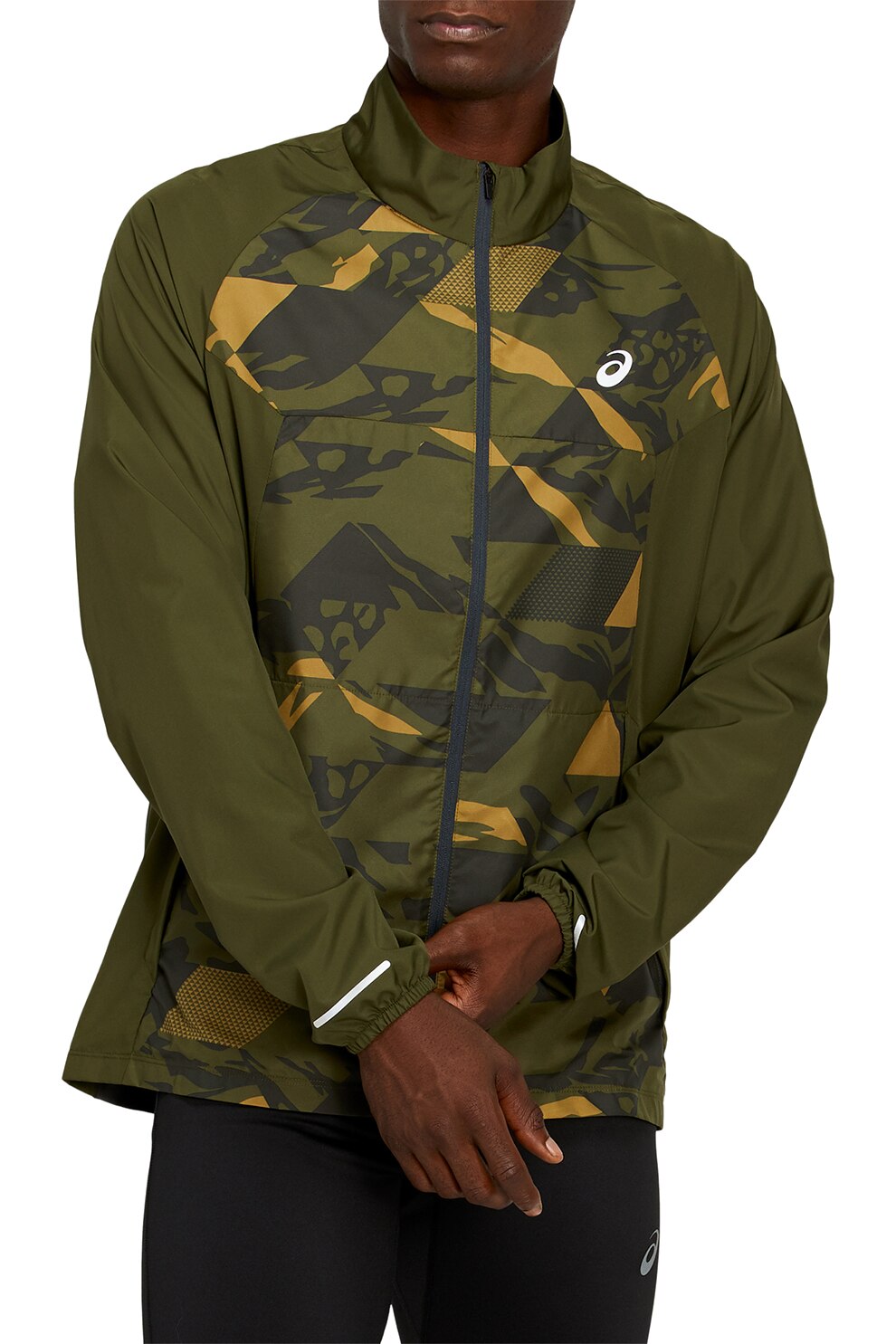 Asics, Jacheta cu imprimeu camuflaj Future, Verde militar/galben sofran/gri inchis, XS