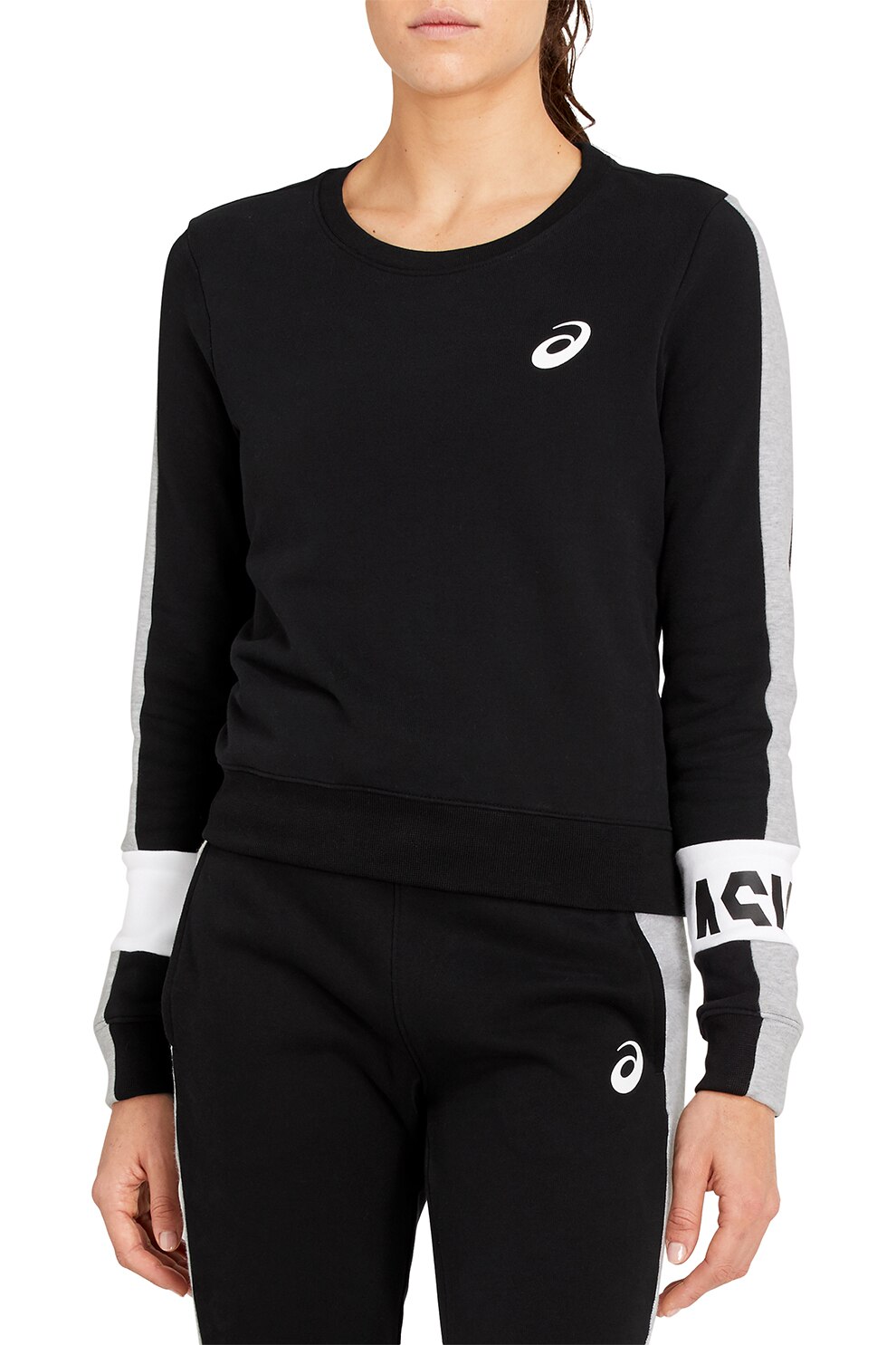 Asics, Bluza sport cu decolteu rotund si detalii logo, Negru/Alb, XS