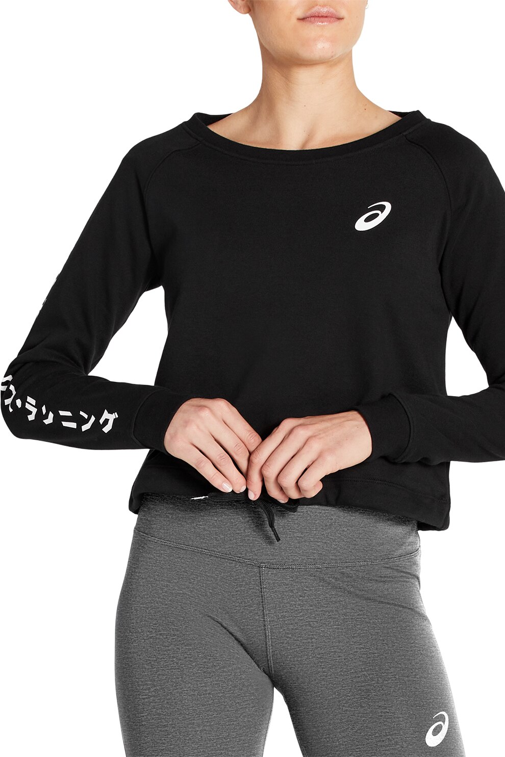 Asics, Bluza sport crop cu terminatie ajustabila Katarana, Negru/Alb