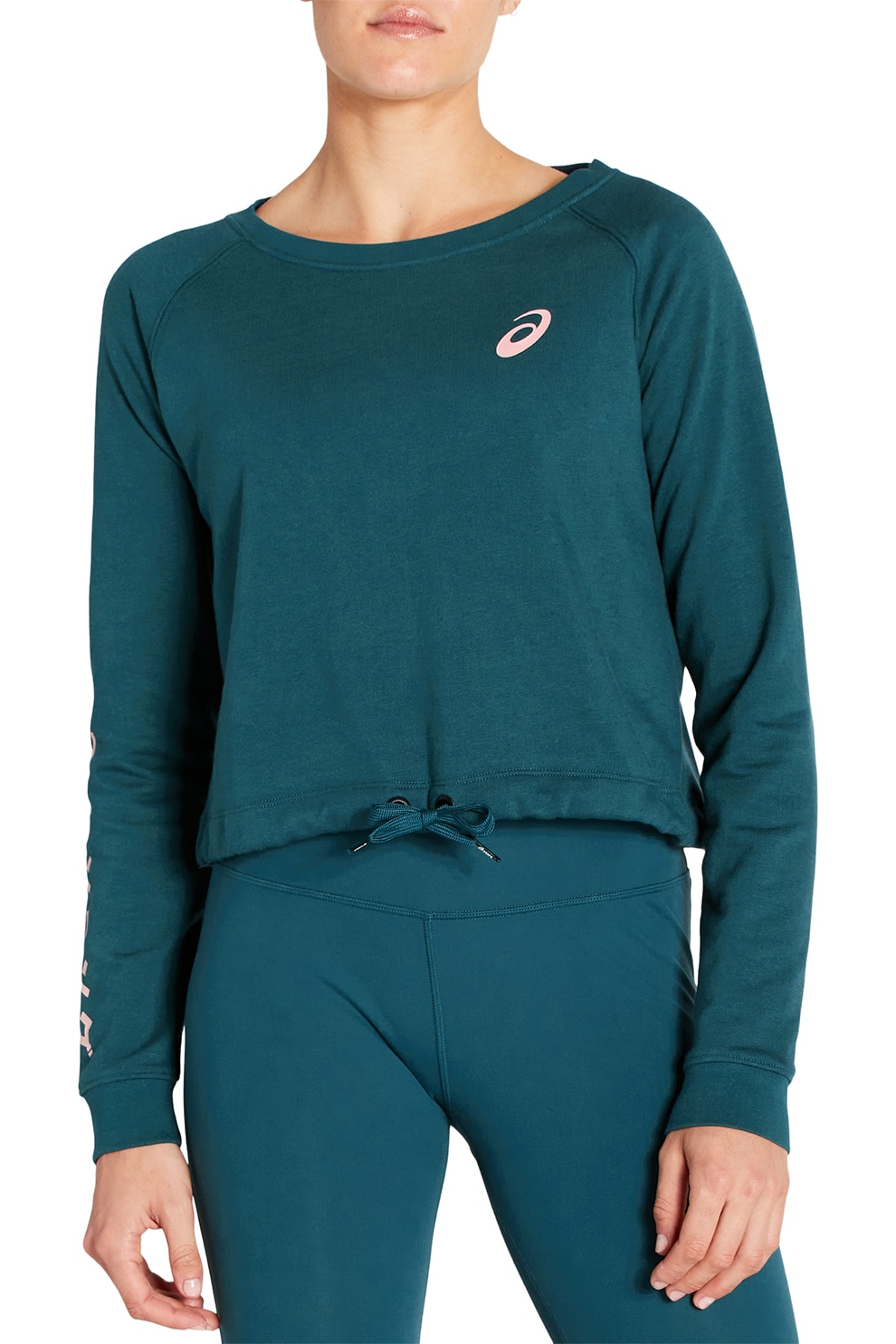 Asics, Bluza sport crop cu terminatie ajustabila Katarana, Albastru petrol/Roz