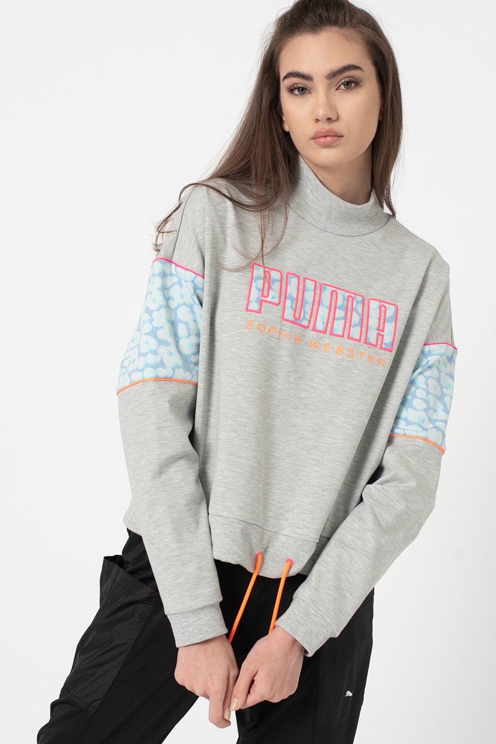 Puma, Bluza sport cu decolteu la baza gatului si logo brodat, Gri melange/Roz