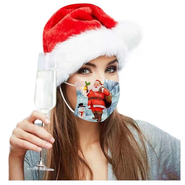 Set de 50 de masti faciale de unica folosinta pentru adulti, model multicolor cu tematica Craciun