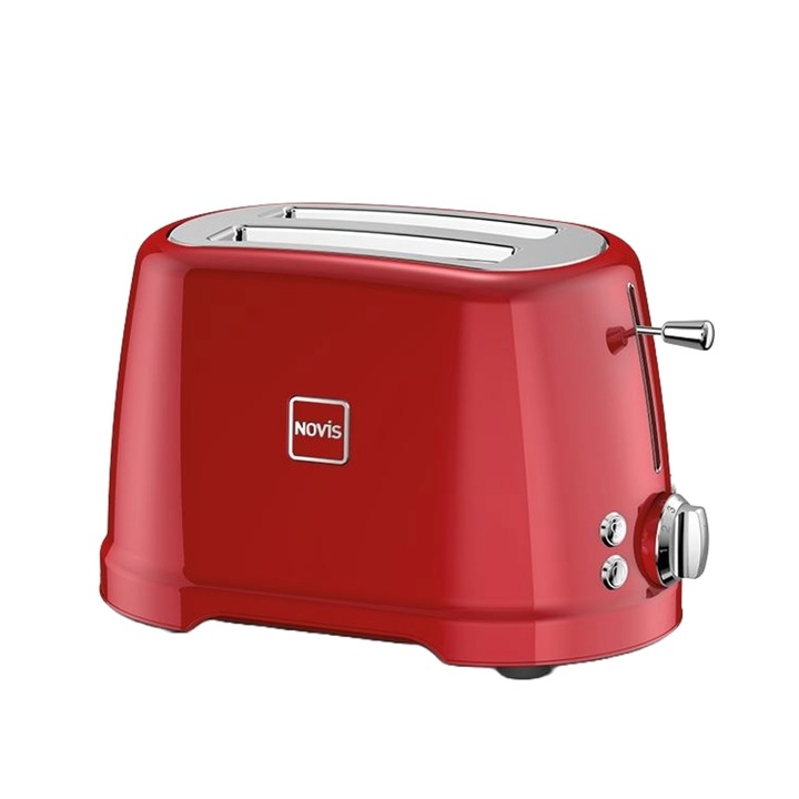 Novis kenyérpirító, Toaster T2, kapacitása 2 szelet, extra-emelő rendszer, teljesítmény 900 W, automatikus központosítás, 7 fűtési fokozat, elegáns design, piros