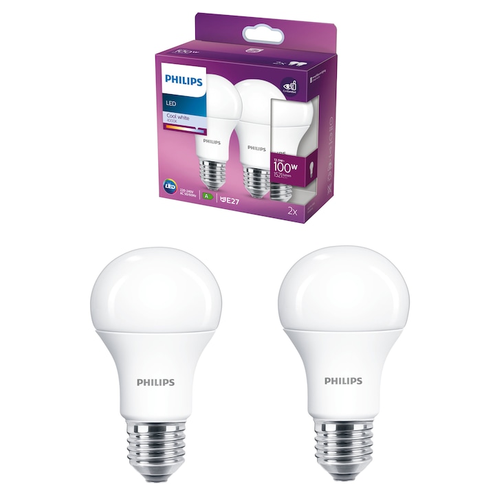 Set 2 becuri LED Philips EyeComfort, E27, 12.5W (100W), 1521 lm, lumina alba rece (4000K), clasa energetica E