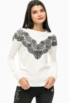 Pulover, Desigual, Crem/Negru, L Pulover, Desigual, Crem/Negru, L