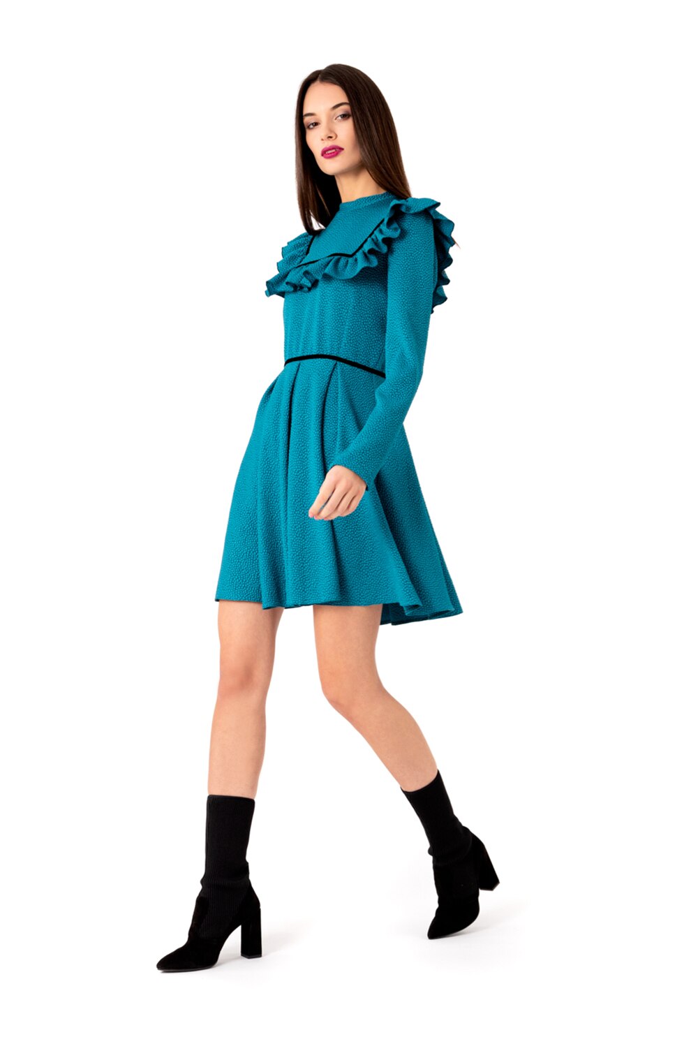 MIYU, Rochie mini evazata cu volane, Turcoaz