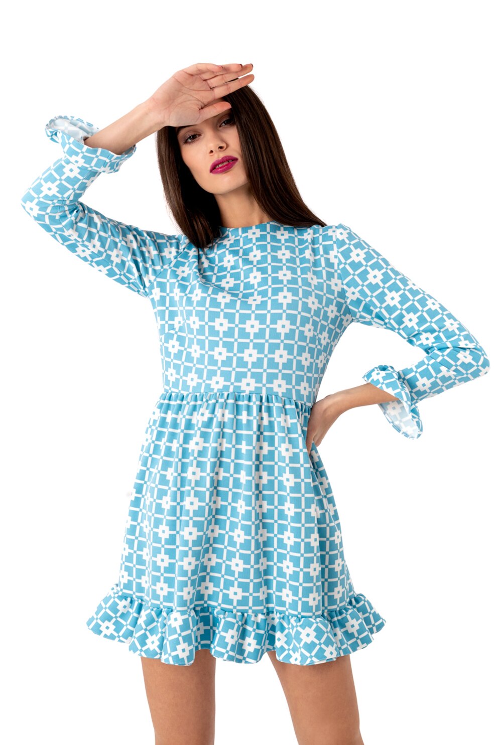 MIYU, Rochie evazata cu imprimeu si terminatie cu volane, Albastru azur/crem