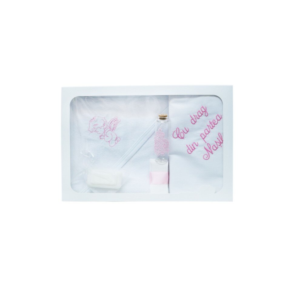 Trusou brodat pentru botez, 6 piese, alb-roz, dae6904