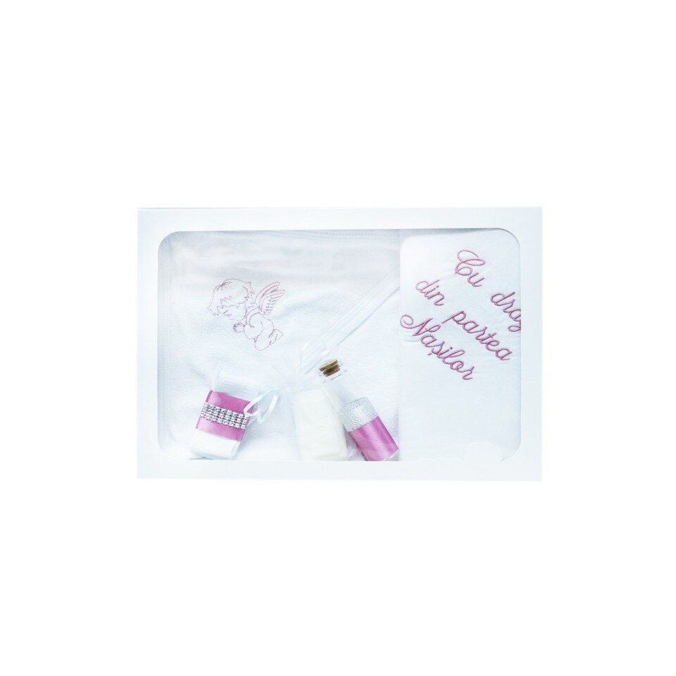 Trusou brodat pentru botez, 6 piese, alb-roz, dae6905