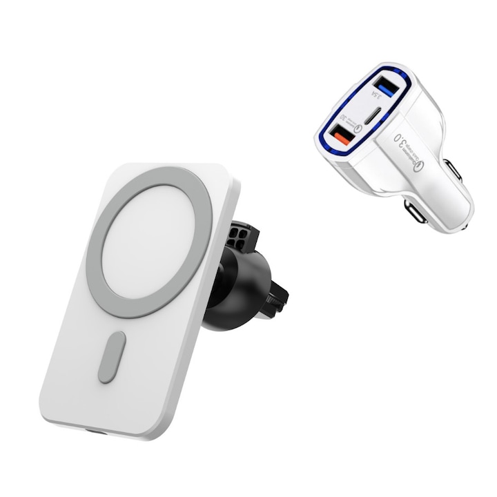 Set Incarcator magnetic wireless car charger alb, pentru iPhone 12/12 Pro/12 Pro Max/12 Mini, plus incarcator auto 7A