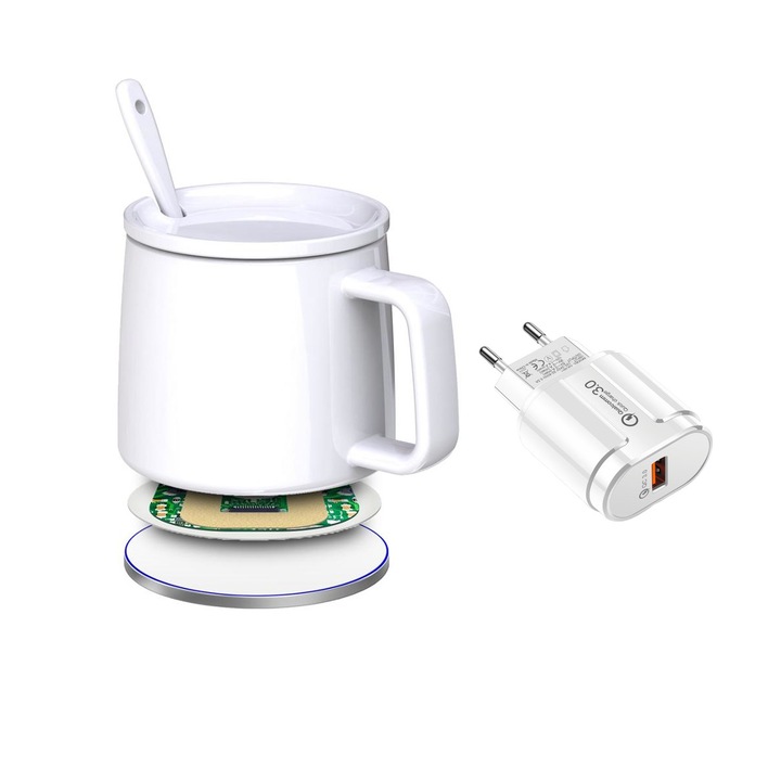 Set Incarcator wireless 2 in 1 Qi fast charge inteligent cu cana si incalzire wireless, Alb, 18W