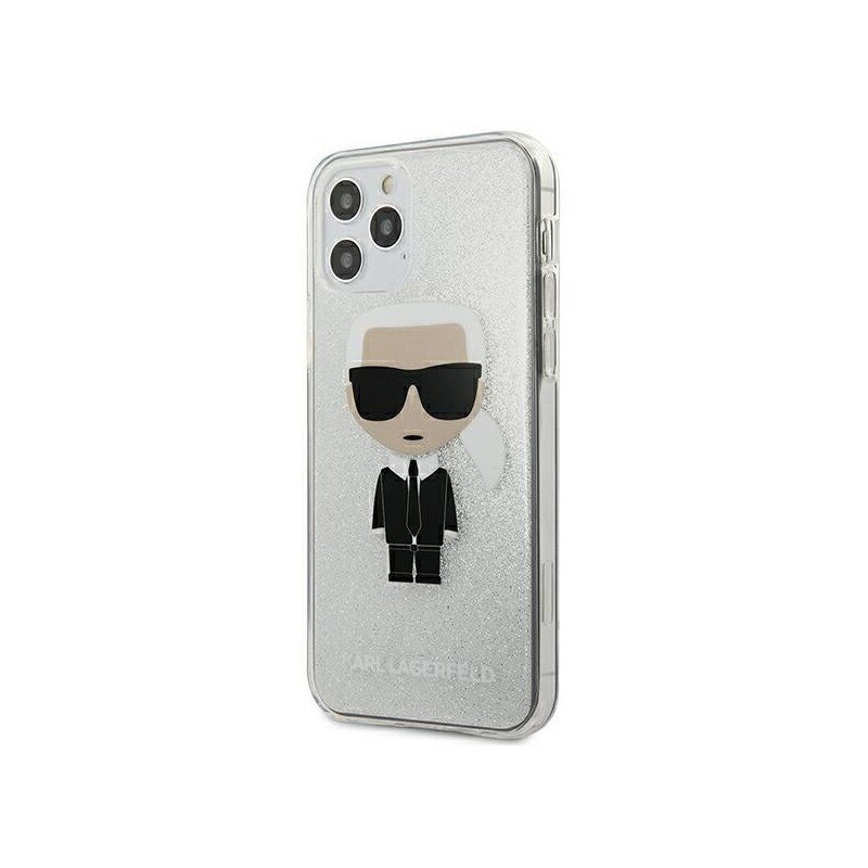 Husa Premium Karl Lagerfeld iPhone 12 / 12 Pro, Glitter Ikonik Karl, Silver - Klhcp12mpcutriksl