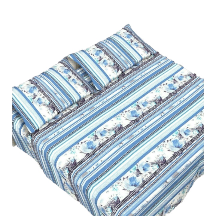 Set lenjerie pat Aurora, Albastru cu model, 1 cearceaf superior 250x300cm, 1 cearceaf cu colturi 180x200cm, 2 fete de perna 52x82cm