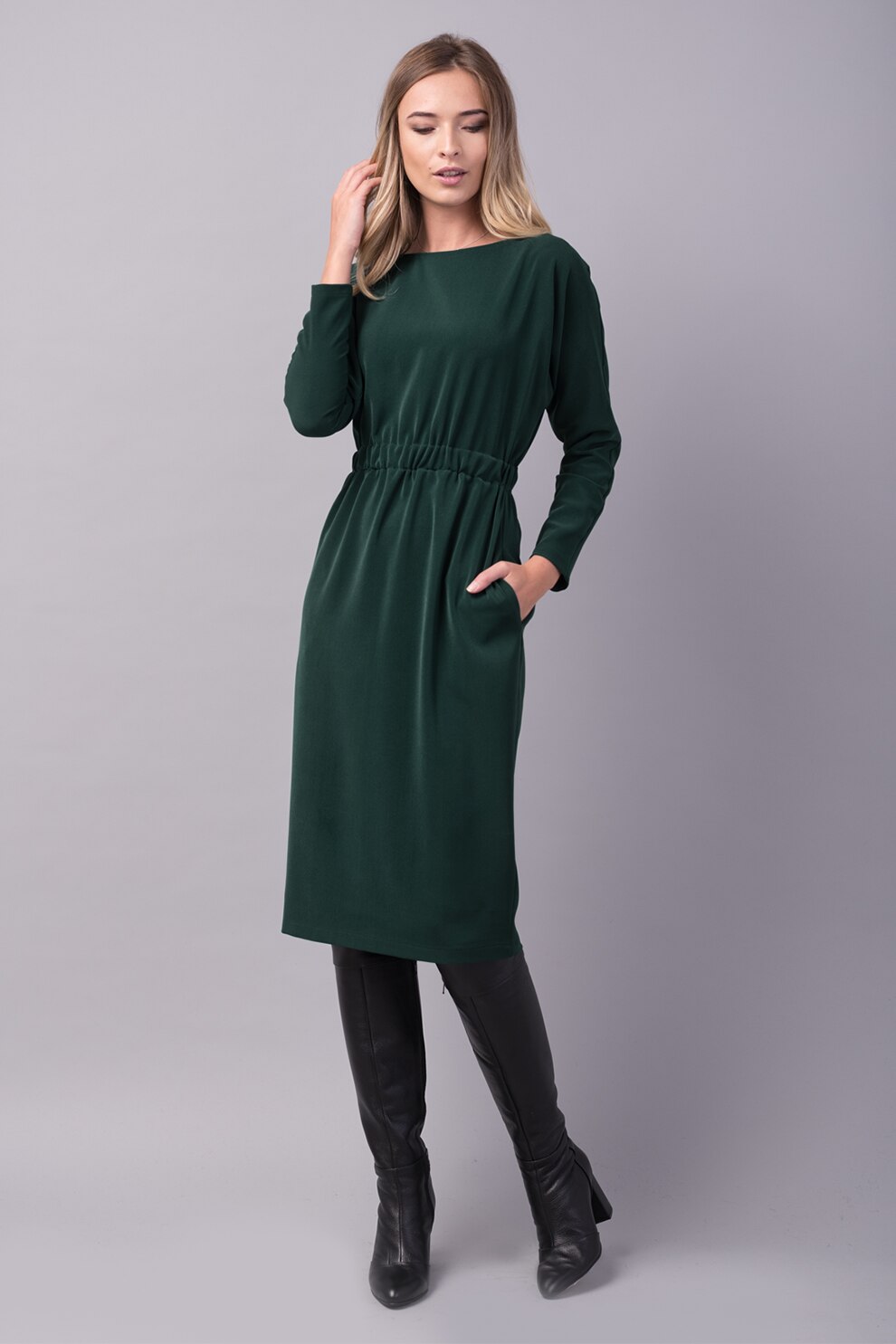 Couture de Marie, Rochie midi cu croiala dreapta si talie elastica, Verde englez, XL