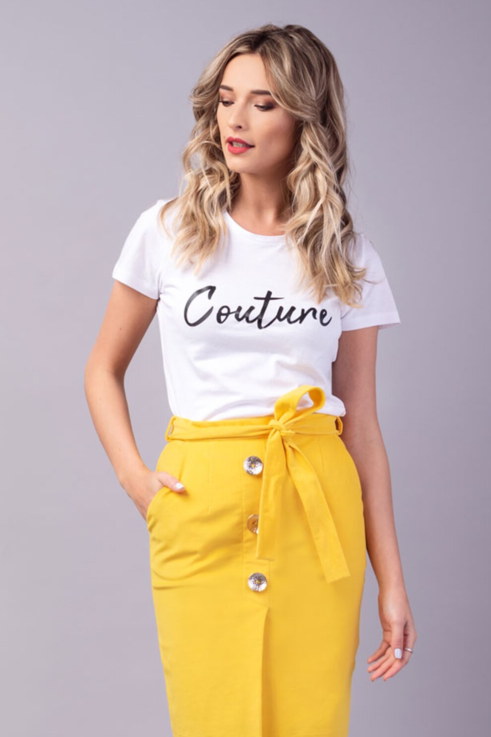 Couture de Marie, Tricou cu decolteu la baza gatului si imprimeu, Alb/Negru, M
