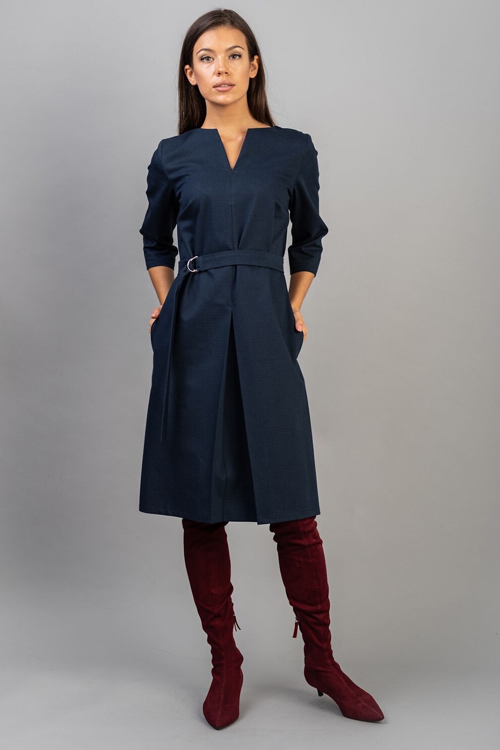 Couture de Marie, Rochie midi cu decolteu in V si cordon in talie, Bleumarin, XL