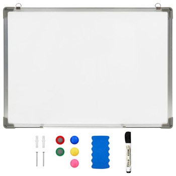 Set tabla magnetica de perete cu magneti, burete si marker, vidaXL, Otel/PP/Aluminiu, 70 x 50 cm, Alb Set tabla magnetica de perete cu magneti, burete si marker, vidaXL, Otel/PP/Aluminiu, 70 x 50 cm, Alb