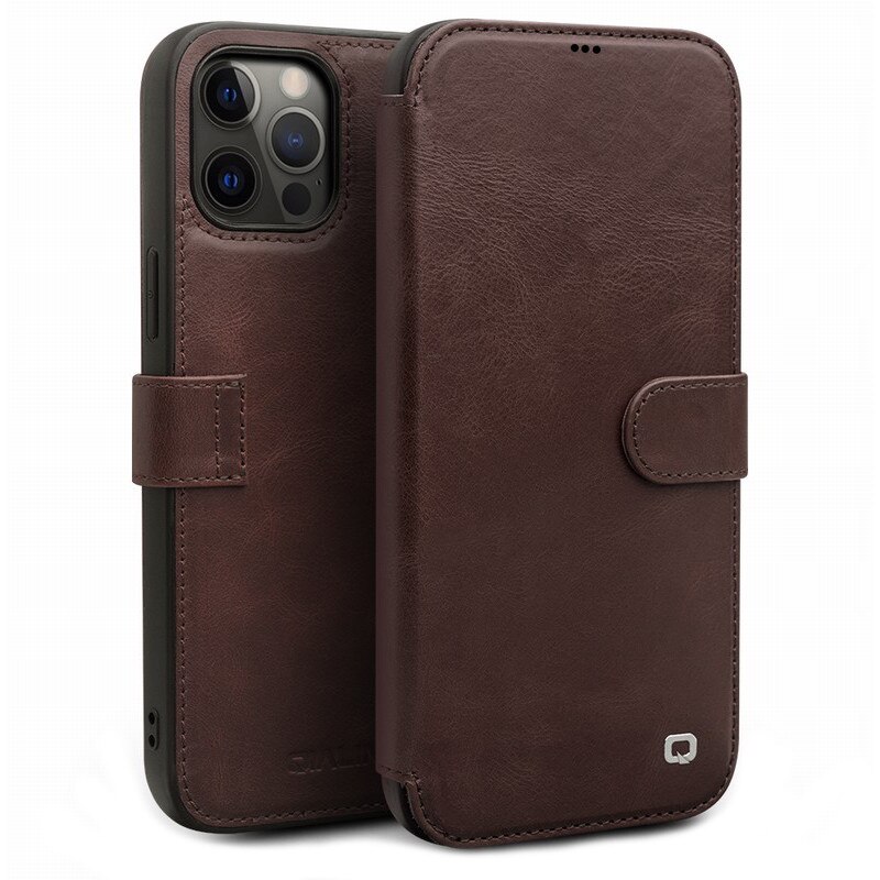 Husa iPhone 12 Pro, iPhone 12, Qialino, piele naturala tip portofel, inchidere magnetica, protectie 360, culoare Maro coffee