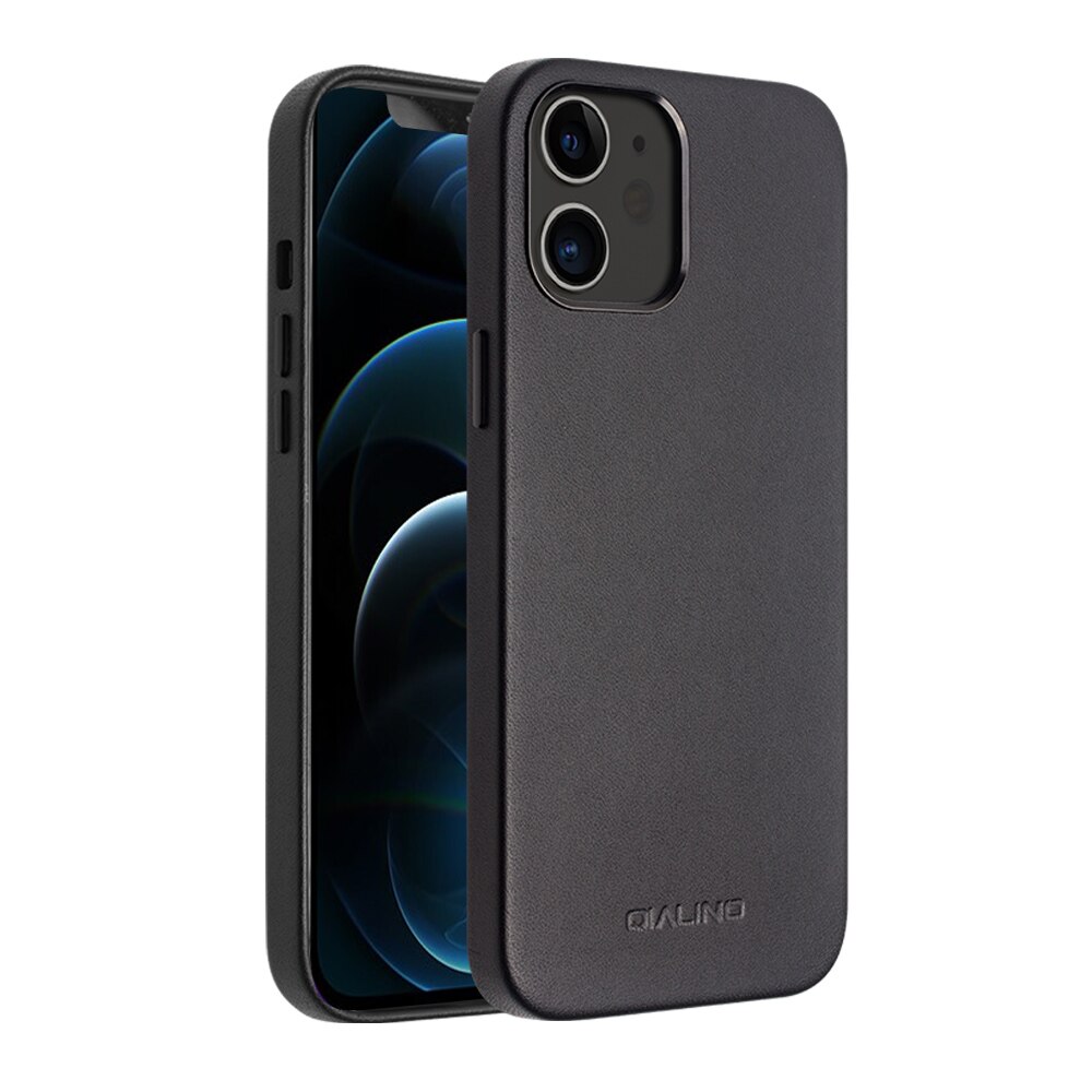 Husa iPhone 12 Mini, Qialino Classic, slim din piele de vitel, tip back cover, culoare Negru