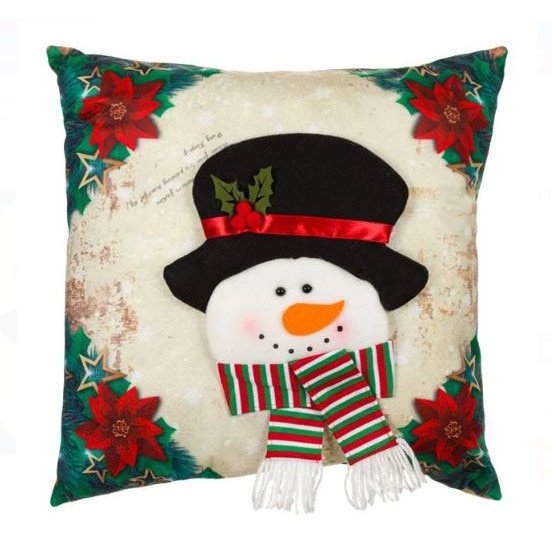 Perna decorativa Craciun Happy Snowman, model in relief, bej/verde 37x37 cm
