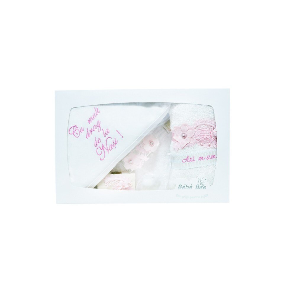 Trusou brodat pentru botez, 7 piese, alb-roz, dae6918