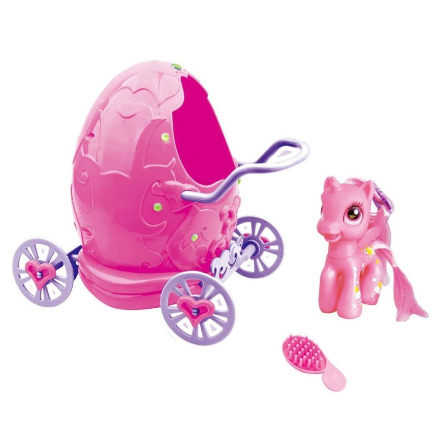 Mini unicorn roz cu carucior si perie de par