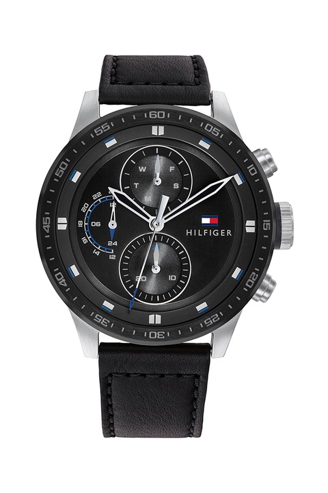 Tommy Hilfiger, Мултифункционален часовник с кожена каишка, Черен
