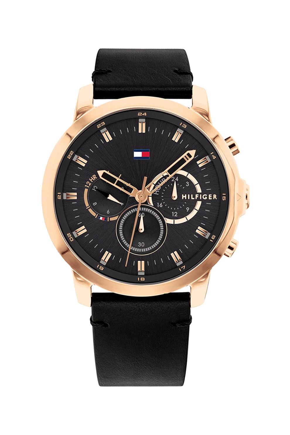 Tommy Hilfiger, Ceas cronograf cu o curea din piele, Negru