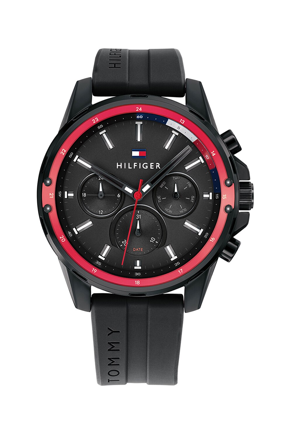 Tommy Hilfiger, Ceas analog cu functii multiple si curea din cauciuc, Negru/Rosu