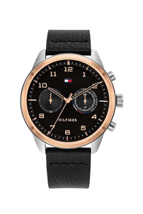 Tommy Hilfiger, Bőrszíjas rozsdamentes acél kvarc karóra, Fekete/Aranyszín