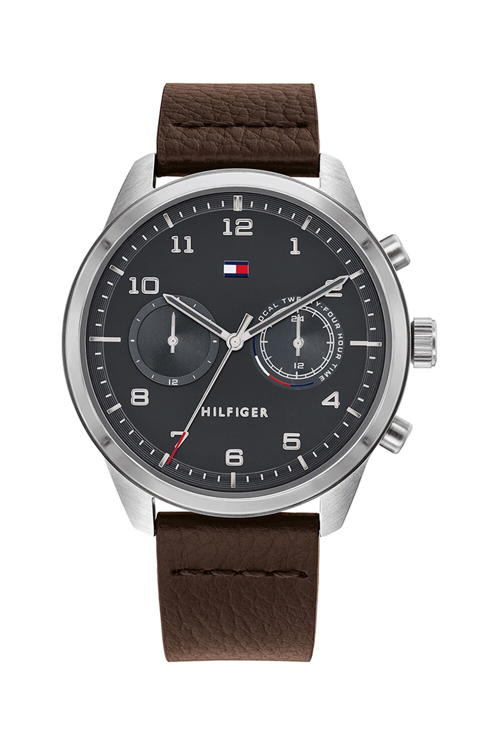 Tommy Hilfiger, Ceas cu o curea din piele si subcadrane cu afisare 24h, Maro/Argintiu