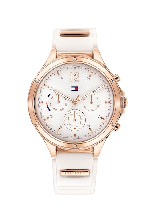 Tommy Hilfiger, Ceas din otel inoxidabil cu functii mutiple si curea din silicon, Alb/Auriu rose