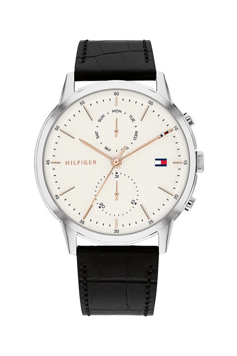 Tommy Hilfiger, Multifunkciós karóra bőrszíjjal, Fekete/Ezüstszín