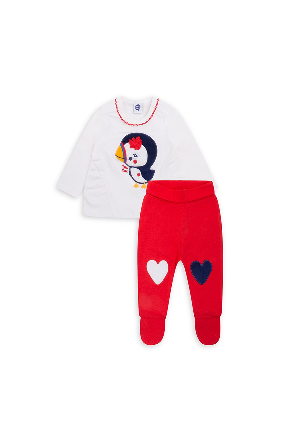 Tuc Tuc, Set de bluza brodata si pantaloni cu botosei, Alb/Oranj mandarina/Negru, 72-74 CM