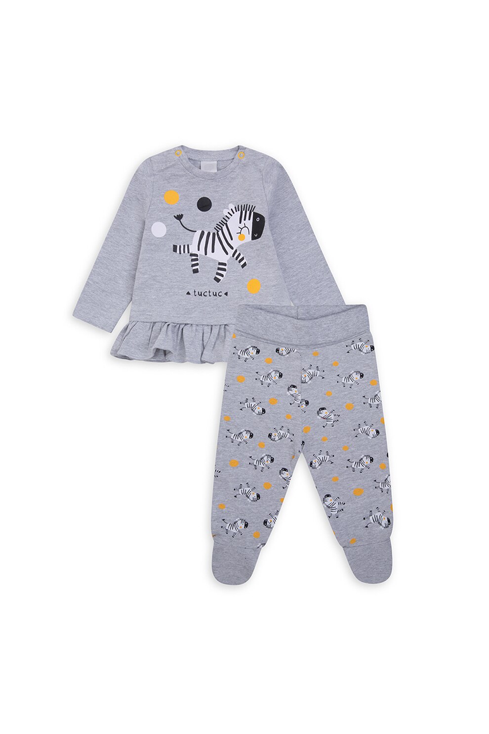 Tuc Tuc, Set de bluza cu imprimeu zebra si pantaloni cu botosei, Gri melange/Alb/Negru, 75-83 CM