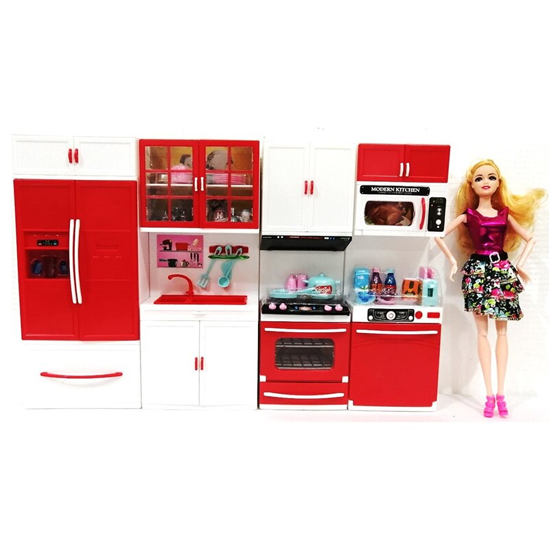 Bucatarie pentru copii cu papusa Matrax, 4 bucati, Rosu