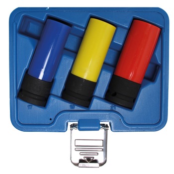 Trusa tubulare lungi de impact cu protectie pentru jante din aliaj, 17, 19 si 21 mm, antrenare 1/2  Trusa tubulare lungi de impact cu protectie pentru jante din aliaj, 17, 19 si 21 mm, antrenare 1/2