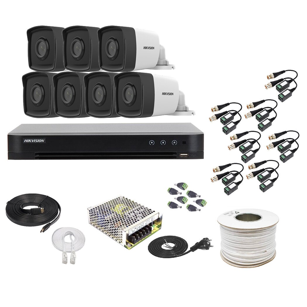 Kit Supraveghere Hikvision 7 Camere 2MP, 1080P, Exterior 80m Smart IR + DVR 8 canale video 4MP/2MP + Accesorii