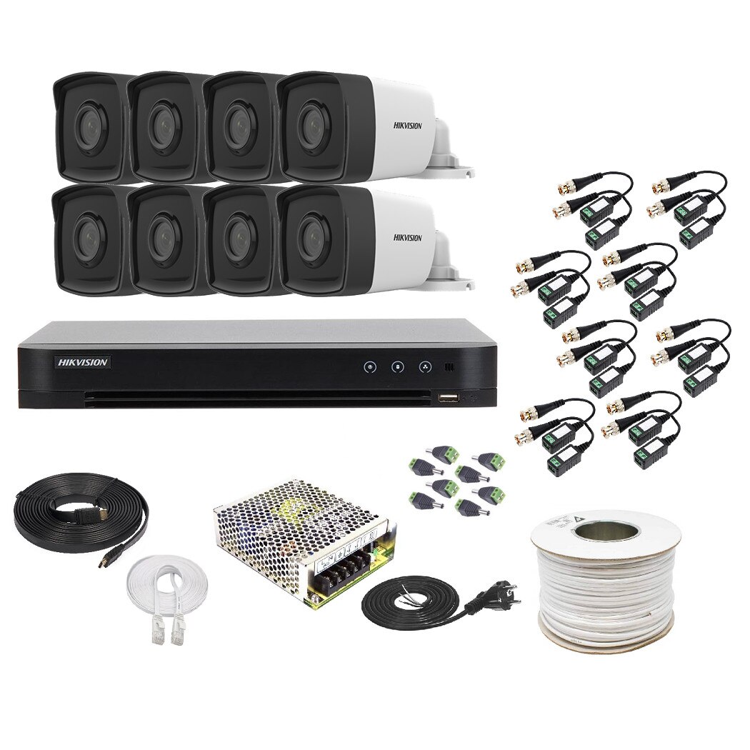Kit Supraveghere Hikvision 8 Camere 2MP, 1080P, Exterior 80m Smart IR + DVR 16 canale video 4MP/2MP + Accesorii