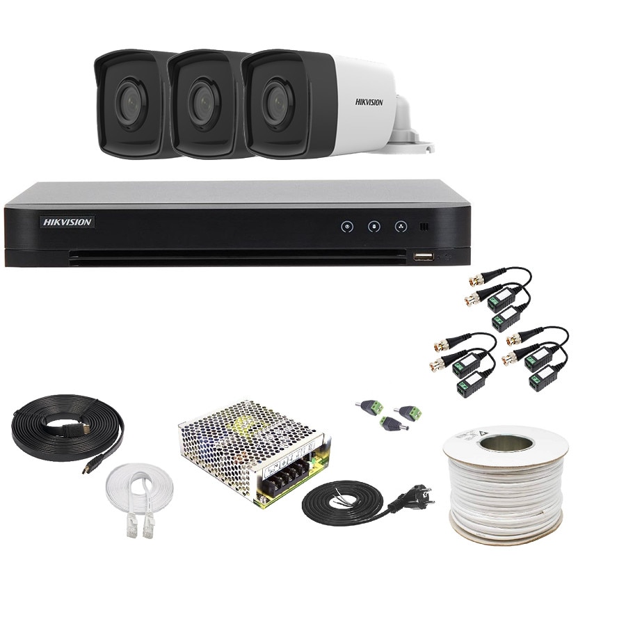 Kit Supraveghere Hikvision 3 Camere 2MP, 1080P, Exterior 80m Smart IR + DVR 4 canale video 4MP/2MP + Accesorii