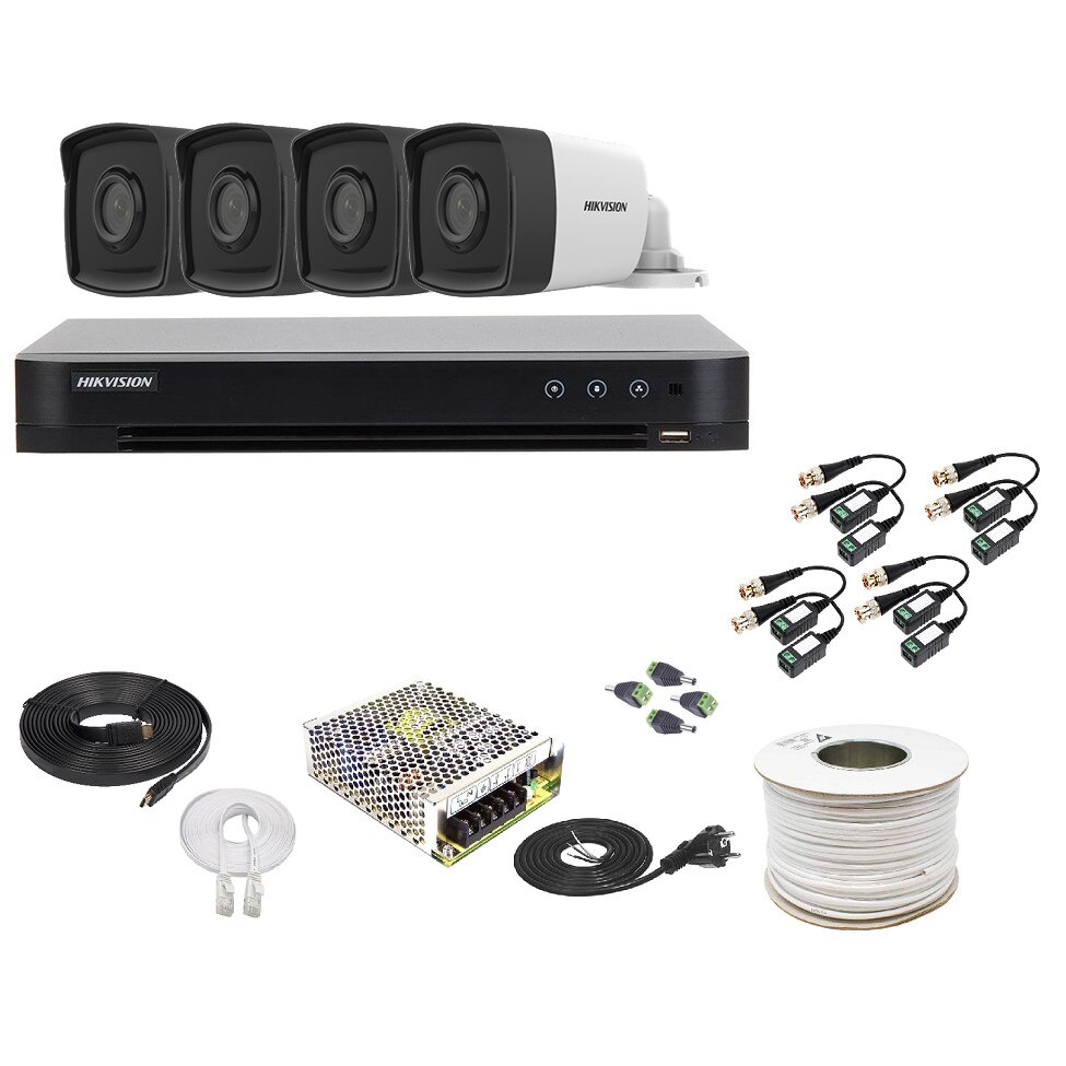 Kit Supraveghere Hikvision 4 Camere 2MP, 1080P, Exterior 80m Smart IR + DVR 8 canale video 4MP/2MP + Accesorii