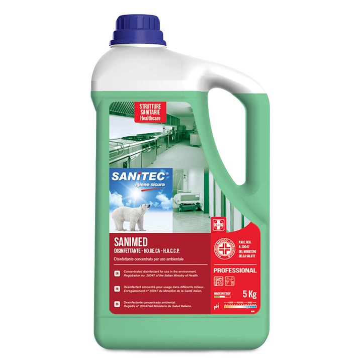 Одобрен дезинфектант за хранителни повърхности SANIMED 5KG SANITEC за зони с голям трафик, с биоцидно одобрение, концентриран, професионален