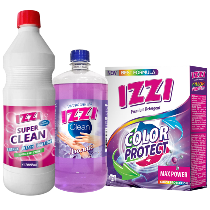 Промо Пакет IZZI - Белина Premium 1л + Прах за пране Color Protect 0,300г + Теч.сапун IZZI Clean пълнител, Люляк 1л