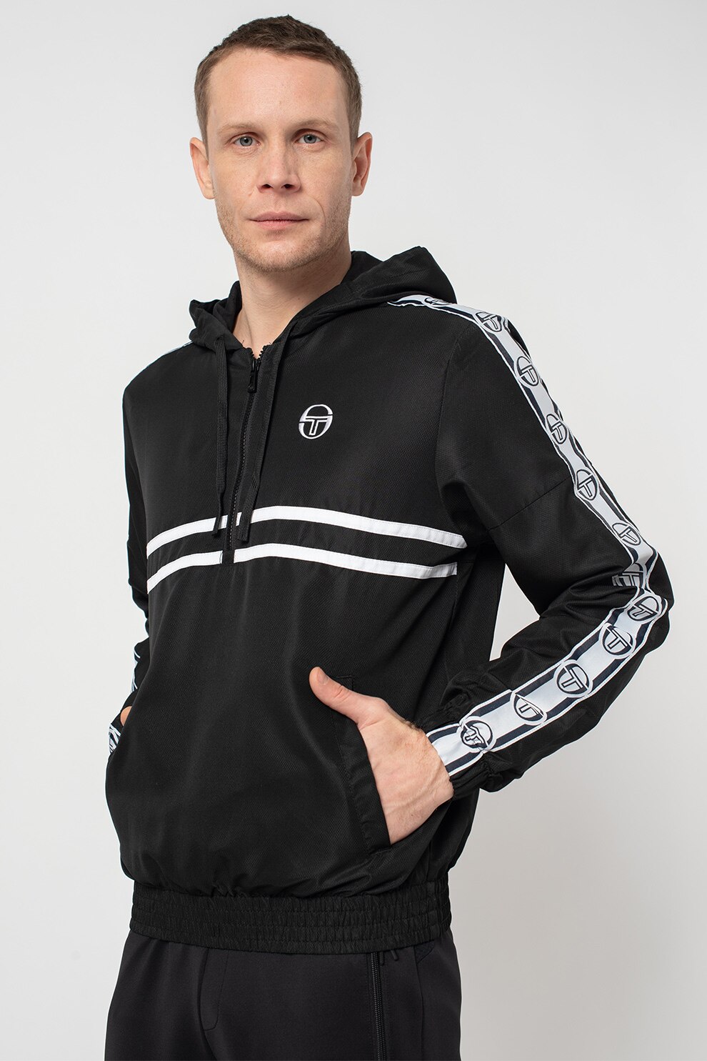 Sergio Tacchini, Hanorac sport cu benzi logo, Negru/Alb