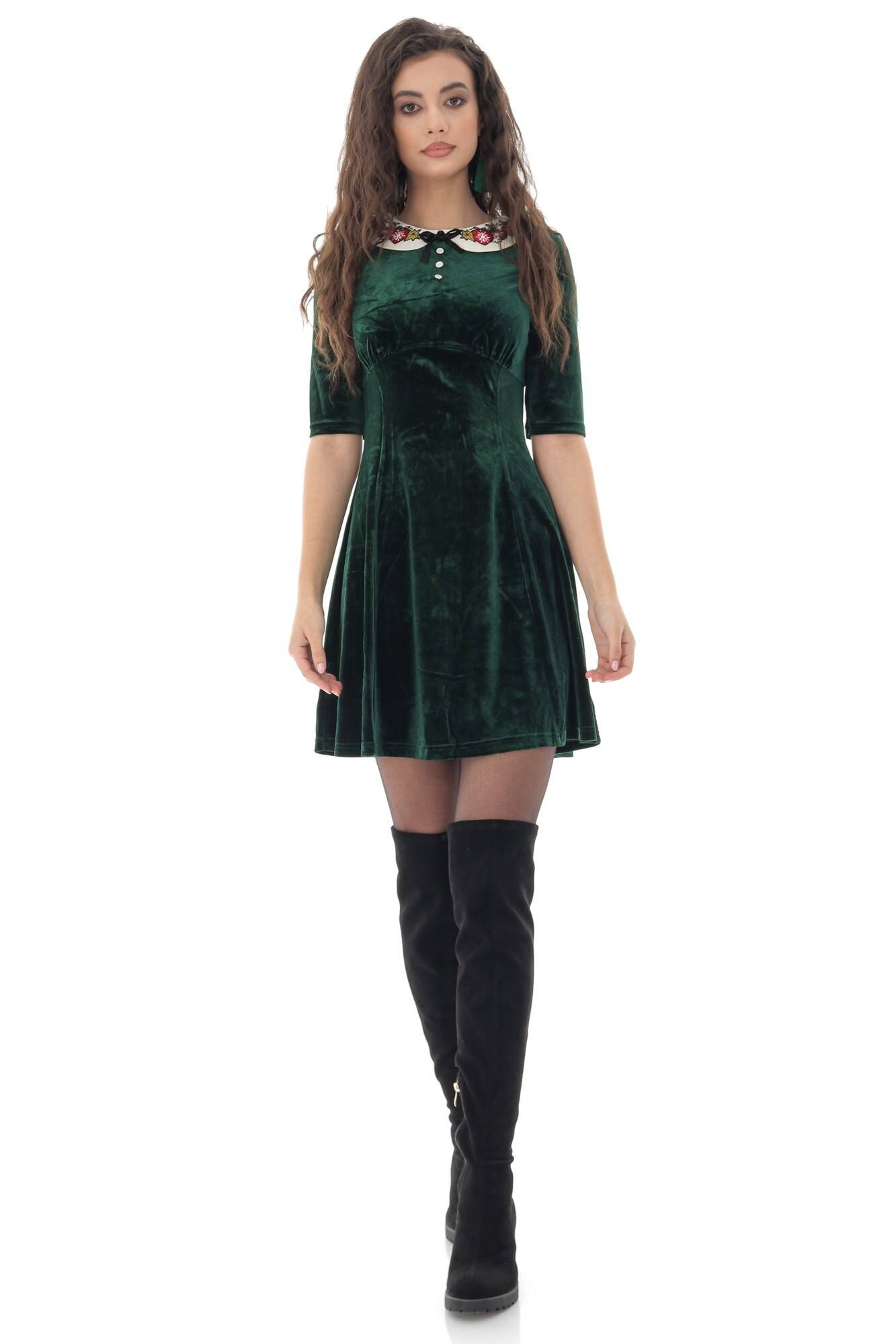 Rochie din catifea, Roh, cu guler in contrast - DR4248,