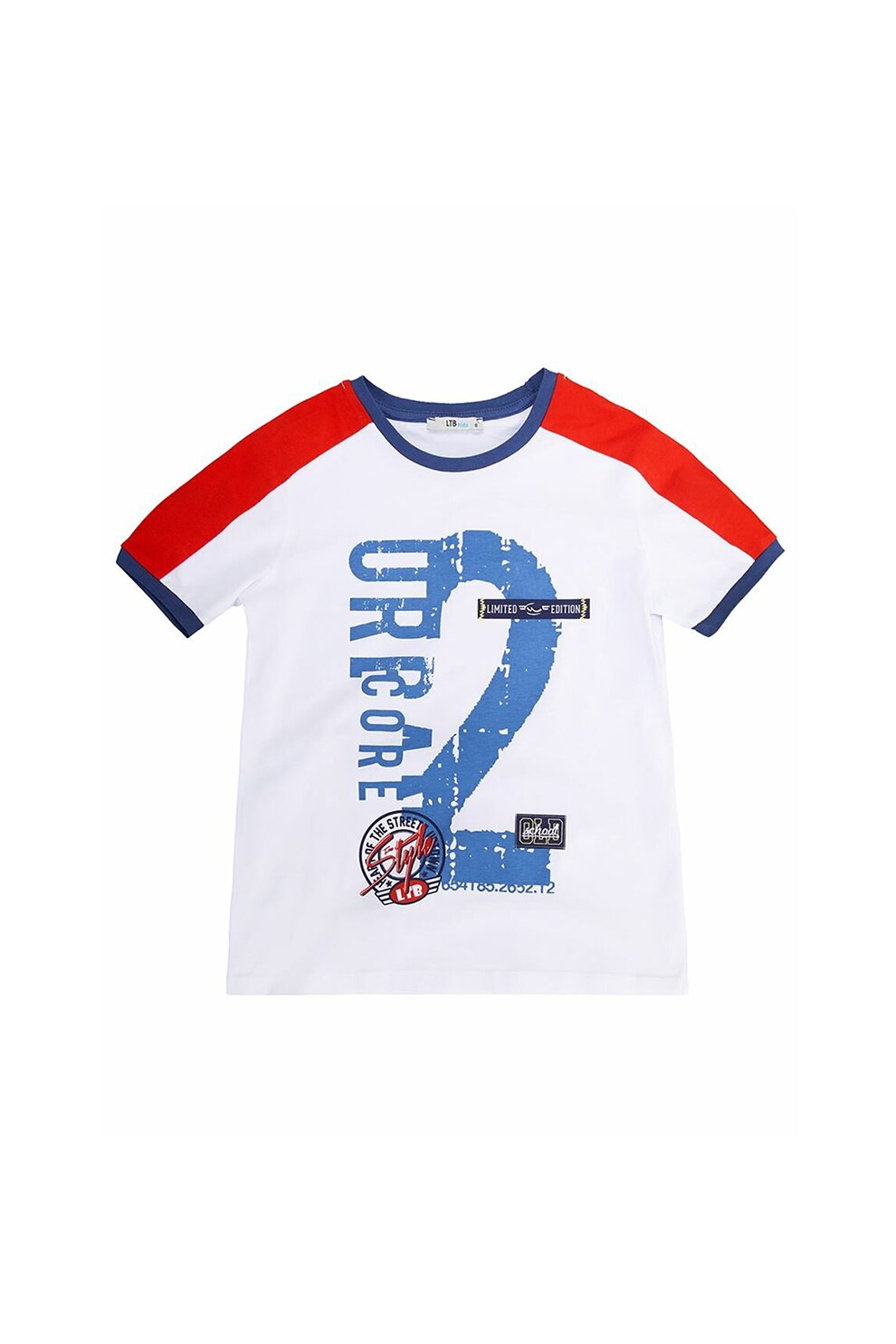 LTB, Tricou cu decolteu la baza gatului si imprimeu text Pineta, Alb/Rosu/Albastru, 128 CM