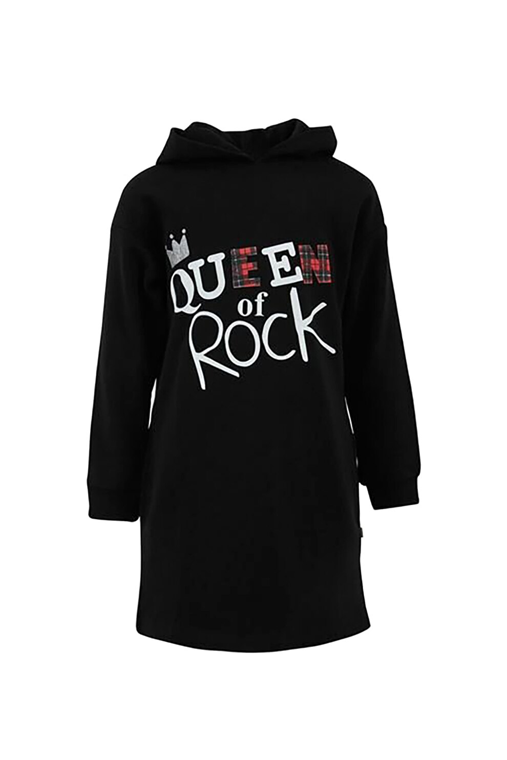 LTB, Rochie cu gluga si model text Menice, Negru/Alb/Rosu, 116 CM